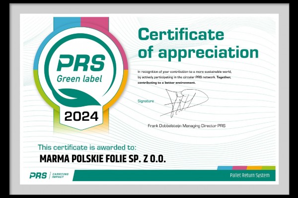 Certyfikat PRS Green Label 2024 dla Marma Polskie Folie